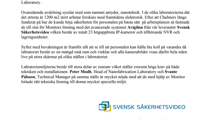 Monitor Larm & Bevakning levererar kamerasystem till Chalmers Tekniska Högskola