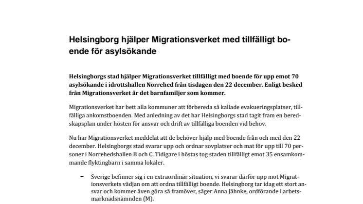 ​Helsingborg hjälper Migrationsverket med tillfälligt bo-ende för asylsökande 