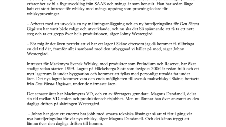 Skåning ny produktionschef på Mackmyra Svensk Whisky 