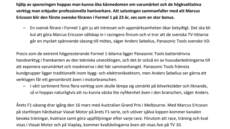 Panasonic Tools sponsrar Viasats och TV 10:s Formel 1-sändningar