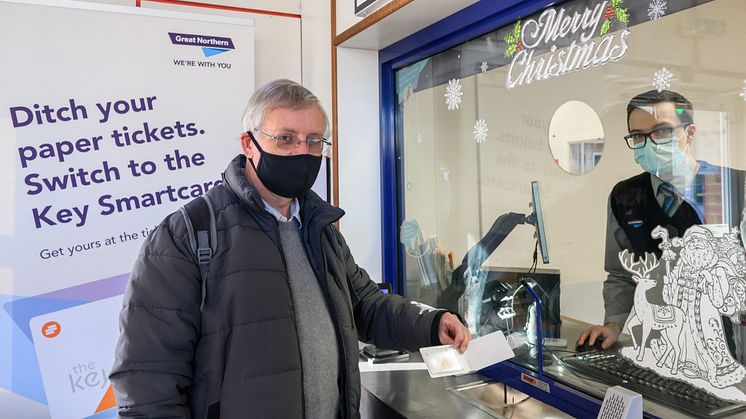 Neil Middleton, of Rail Future Hertfordshire and Bedfordshire, is issued with a free key smartcard at Hitchin station 1