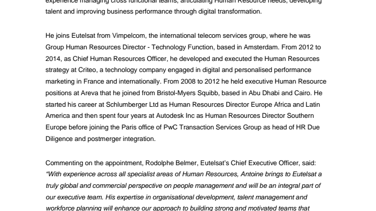 Eutelsat appoints Antoine Mingalon as new Chief Human Resources Officer