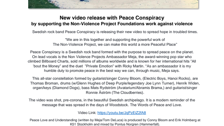 New music release by Non-Violence Ambassador Meja to support Non-Violence Projects work against violence