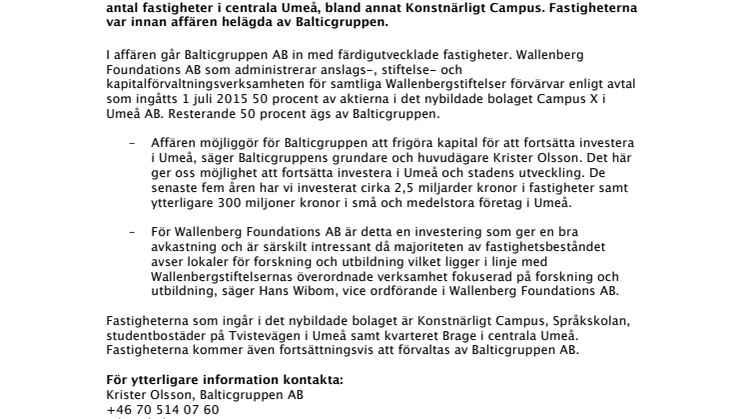 Balticgruppen AB och Wallenberg Foundations AB bildar gemensamt bolag för fastighetsförvaltning och utveckling i Umeå 