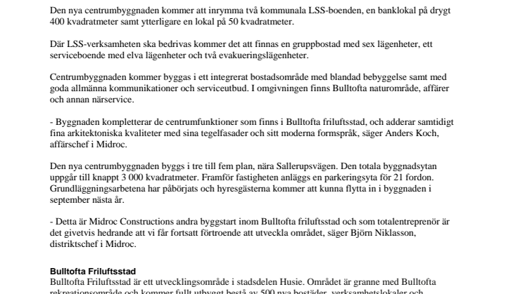 Midroc byggstartar ny centrumbyggnad vid Bulltofta friluftsstad i Malmö 