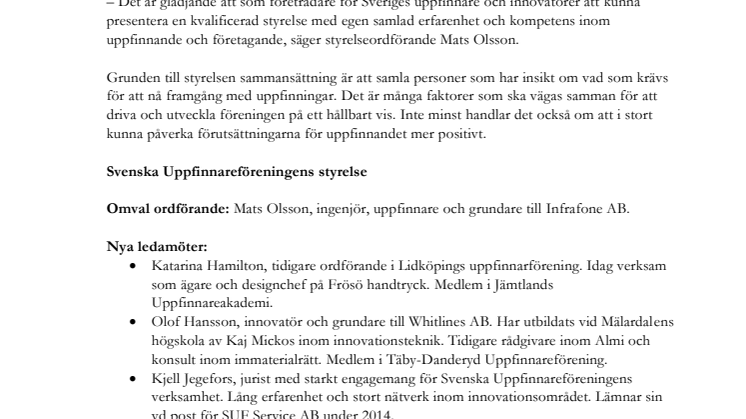 Förnyelse i styrelsen för Svenska Uppfinnareföreningen