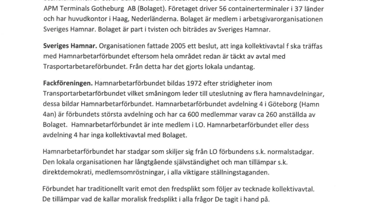Rapport från medlingen Hamnarbetarförbundet - APM Terminals Gothenburg AB