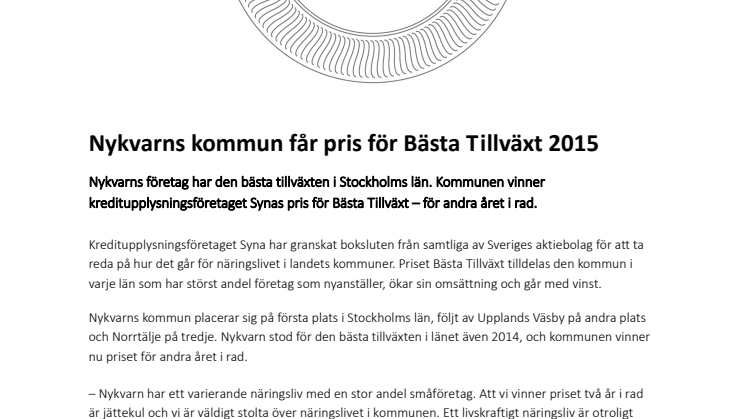 Nykvarns kommun får pris för Bästa Tillväxt 2015