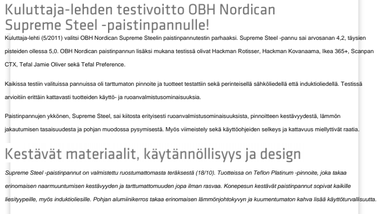 Kuluttaja-lehden testivoitto OBH Nordican Supreme Steel -paistinpannulle!