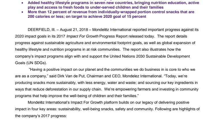 Fortschritte bei Nachhaltigkeitszielen für 2020 - Mondelez International’s „Impact For Growth“ Report 