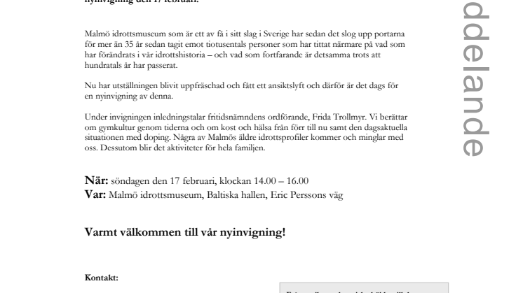 Påminnelse - nyinvigning på Malmö Idrottsmuseum