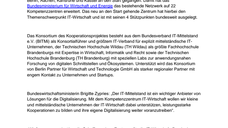 „Mittelstand-4.0-Kompetenzzentrum IT-Wirtschaft“ geht an den Start