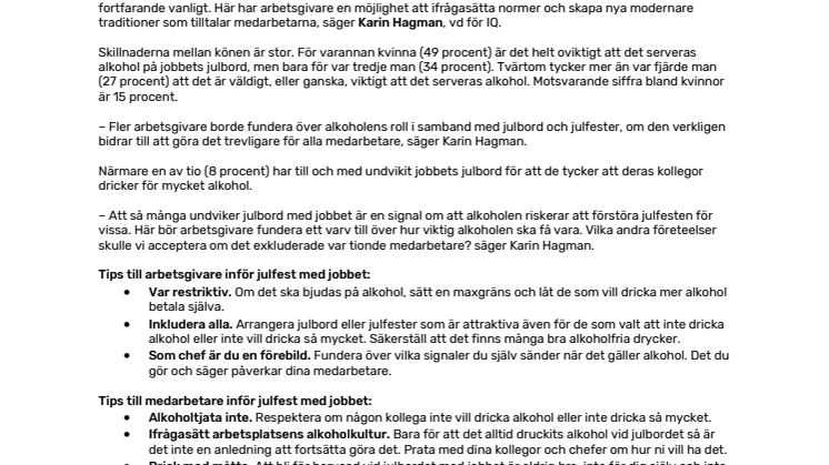 Tre av fyra tycker inte att alkohol är viktigt på jobbets julbord