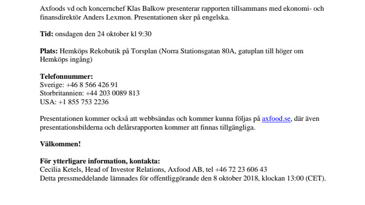 Inbjudan till presentation av Axfoods tredje kvartal 2018