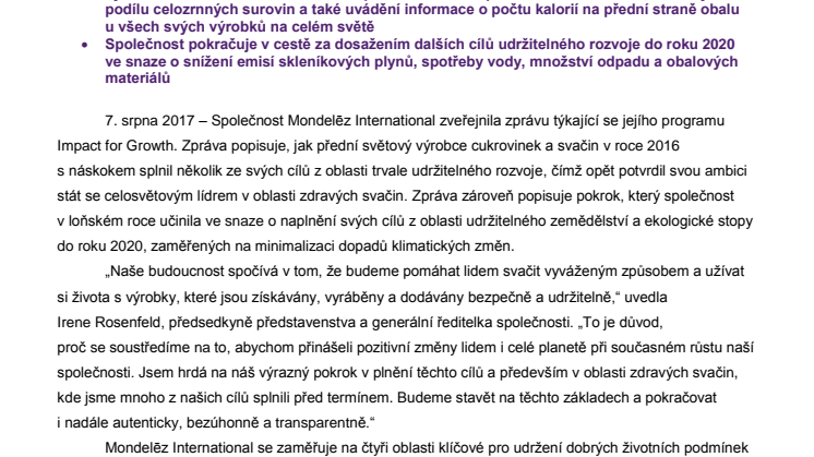 Společnost Mondelēz International opět pokročila v dosažení svých cílů udržitelného rozvoje