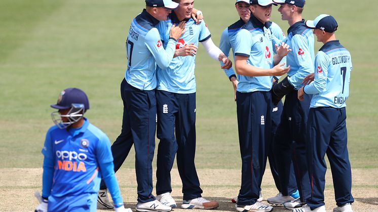 Somerset's Kasey Aldridge celebrates a wicket for England U19s against India in 2019
