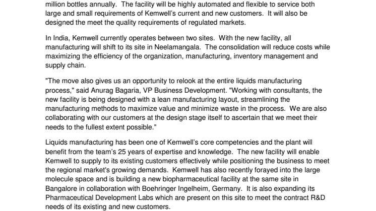 Kemwell to Build New Liquids Facility in Bangalore
