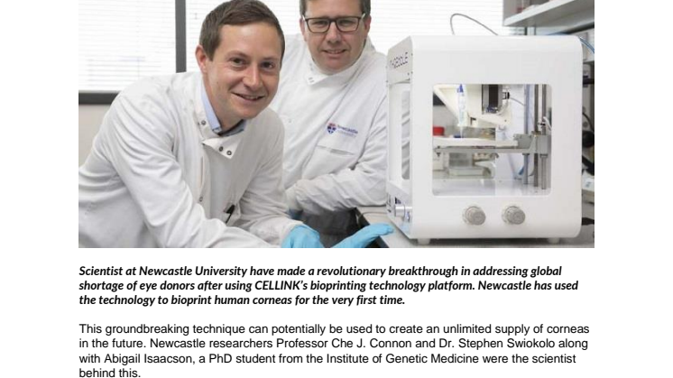 CELLINK kund- och teknikanvändare vid Newcastle University 3D Bioprintar första mänskliga hornhinnorna i banbrytande genombrott