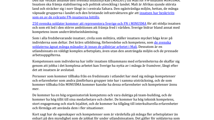 Mali-insatsen ger Sverige värdefull kompetens för lång tid framåt