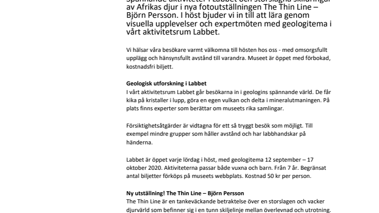 Välkommen till Naturhistoriska riksmuseet i höst! Fotoutställning och aktivitetsrum bland nyheterna