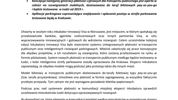 Inkubator Innowacji Visa przedstawia nowe sposoby płatności w transporcie