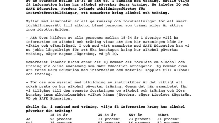 IQ och SAFE Education i nytt samarbete om alkohol och träning