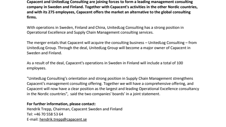 Change in management consulting industry – Capacent and UnitedLog Consulting join forces