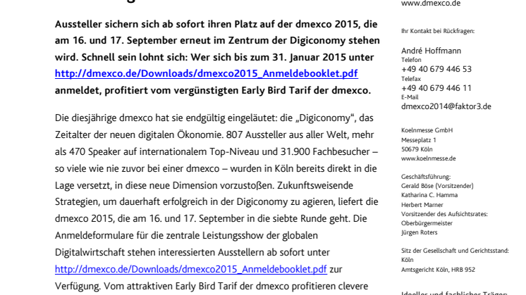 Digiconomy@dmexco 2015: Anmeldephase für Aussteller gestartet