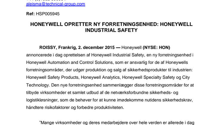 Honeywell opretter ny forretningsenhed: Honeywell Industrial Safety