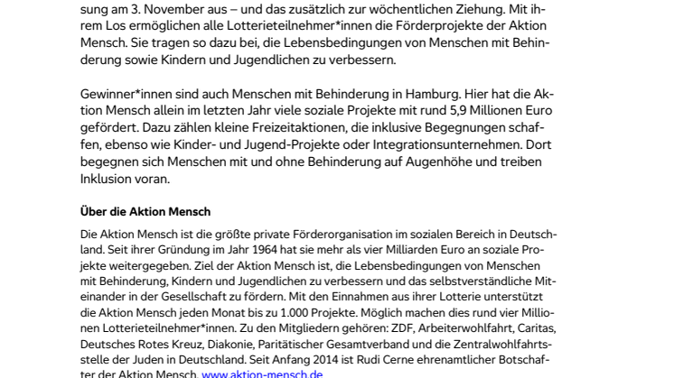 Hamburg: Glückspilz gewinnt 100.000 Euro bei der Herbst-sonderverlosung der Aktion Mensch 