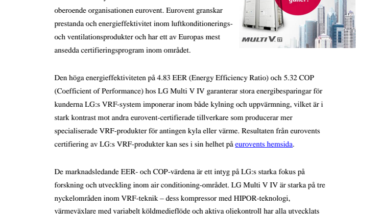 LG BELÖNAS MED EUROVENT-CERTIFIERING FÖR SITT ENERGIEFFEKTIVA VRF-SYSTEM MULTI V IV
