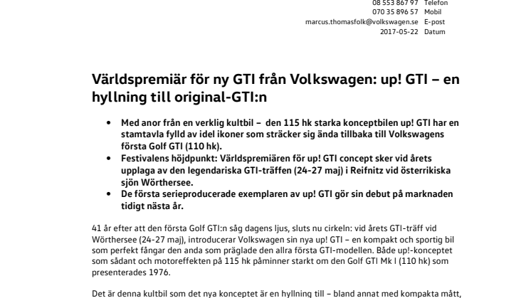 Världspremiär för ny GTI från Volkswagen: up! GTI – en hyllning till original-GTI:n