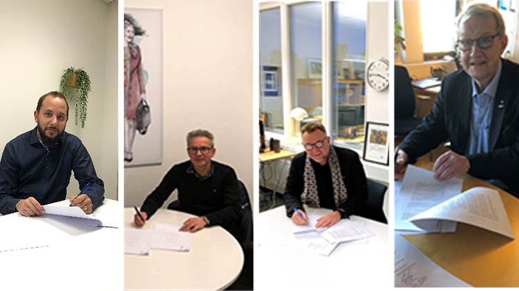 Tony Georgiou, ordförande Eidar, Anders Torslid, vd Trollhättan Exploatering, Urban Blom, vd Eidar och Paul Åkerlund, ordförande Trollhättan Exploatering skrev alla på markangivningsavtalet som möjliggör startskottet för nybyggnation på Vårvik.