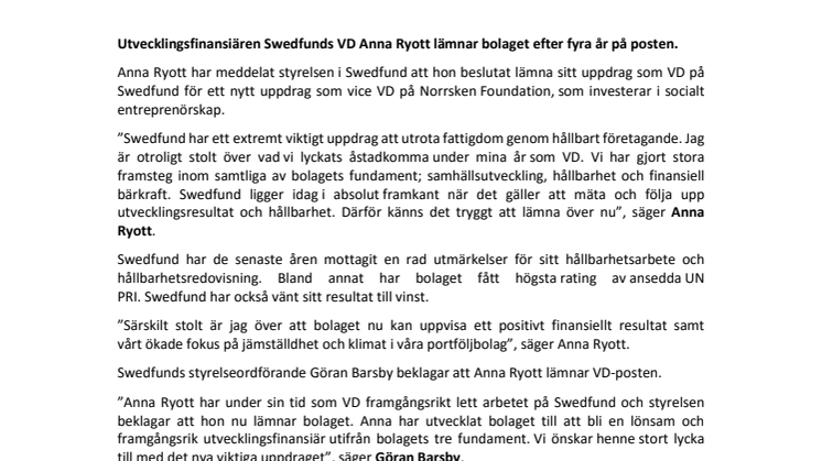 Anna Ryott lämnar Swedfund 