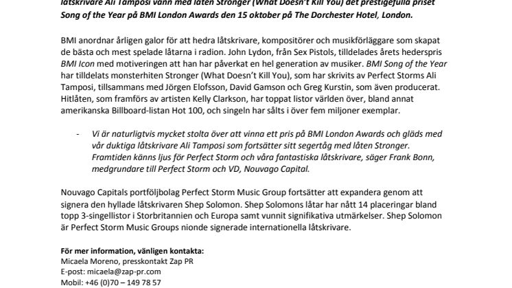 Nouvago Capital ABs portföljbolag Perfect Storm Music Group vinner Song of the Year på BMI London Awards