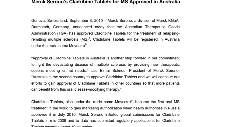 Australien godkänner Merck Seronos MS-tablett