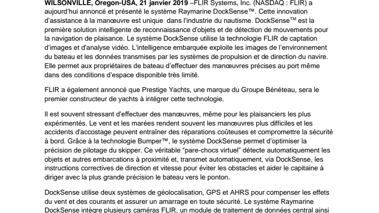 FLIR dévoile sa nouvelle technologie d'assistance à la manœuvre en partenariat avec PRESTIGE YACHTS, premier constructeur naval à intégrer ce système innovant