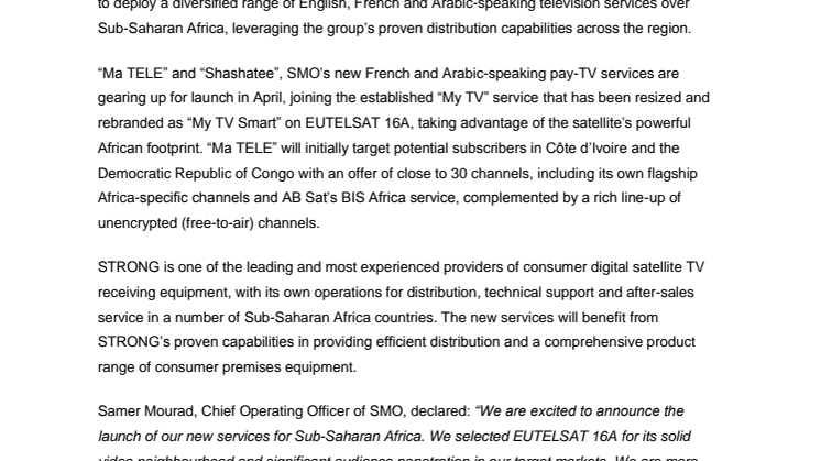 More digital choice for African TV viewers with the launch of My TV Smart, Ma TELE and Shashatee on the EUTELSAT 16A satellite 