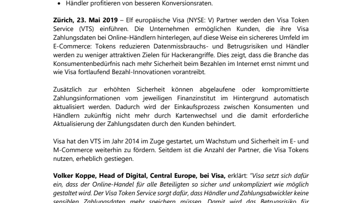 Elf neue Partner führen Visa Token Service in Europa ein:  E-Commerce-Zahlungen werden noch sicherer
