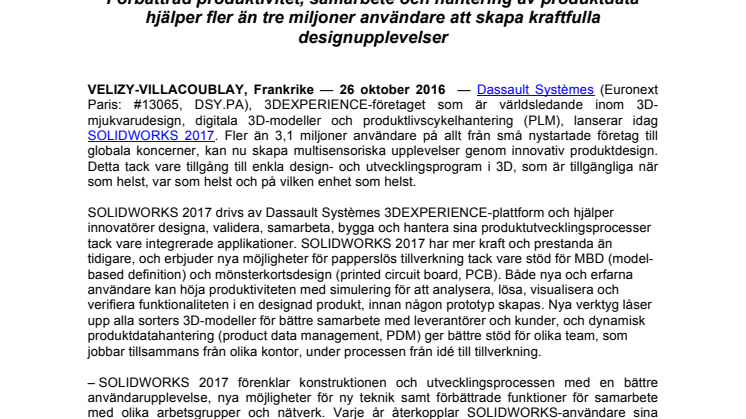 Dassault Systèmes lanserar SOLIDWORKS 2017