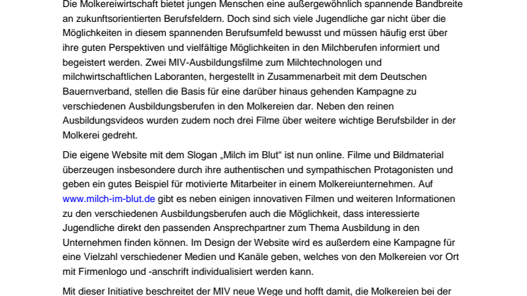 MIV-Ausbildungskampagne: Milchprofis haben „Milch im Blut“