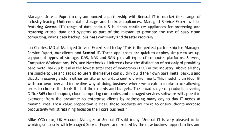 Managed Service Expert unveils partnership with Sentral IT with innovative cloud services portal website.