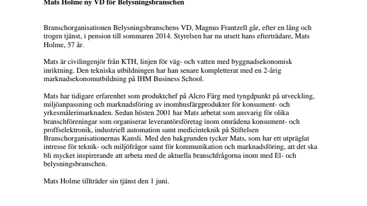 Mats Holme ny VD för Belysningsbranschen