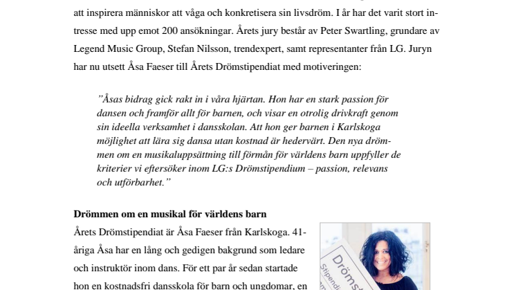 LG:s Drömstipendiat 2012: Karlskogabon Åsa Faeser förverkligar barn- och ungdomars dansintresse 