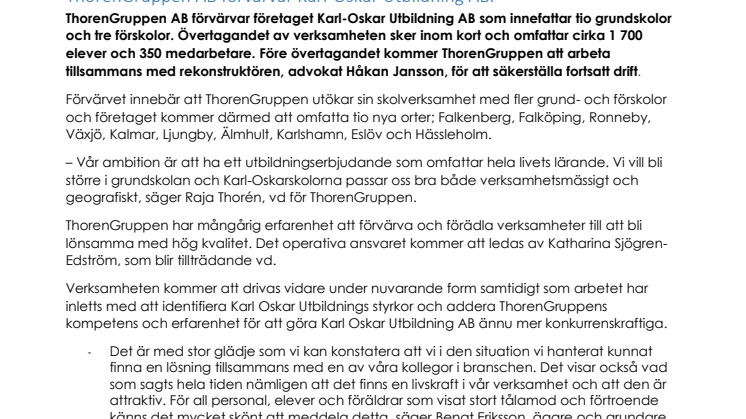 ThorenGruppen AB förvärvar Karl-Oskar Utbildning AB