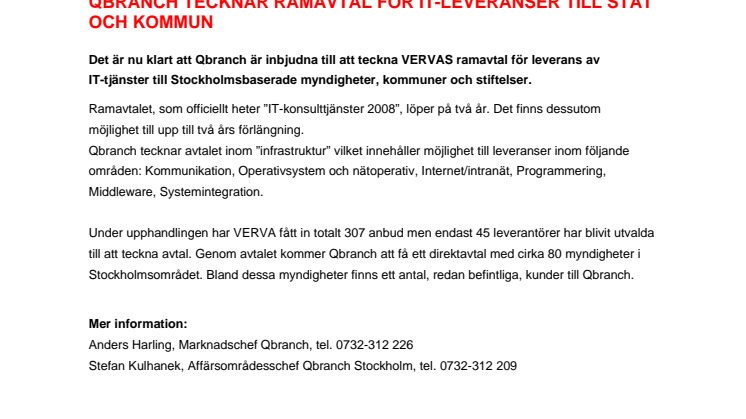 QBRANCH TECKNAR RAMAVTAL FÖR IT-LEVERANSER TILL STAT OCH KOMMUN