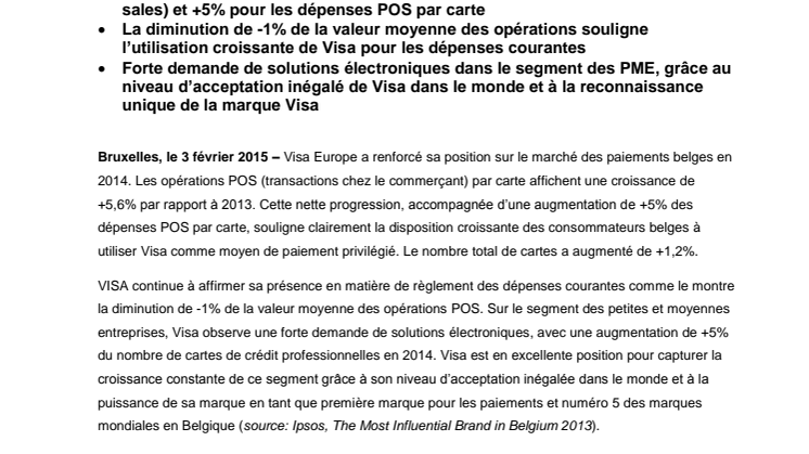 Croissance de 5,6 % du nombre de transactions par carte pour les détenteurs de carte belges - Visa de plus en plus utilisé pour les dépenses courantes