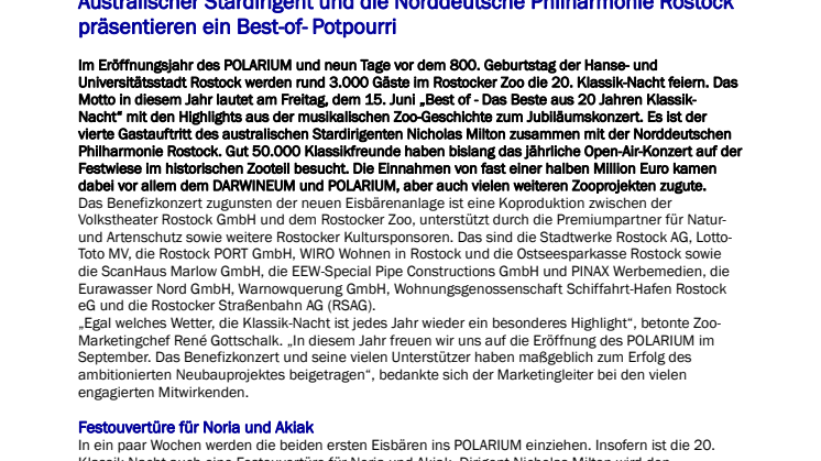 Das Jubiläumskonzert im Jubiläumsjahr – Der Rostocker Zoo feiert am 15. Juni die 20. Klassik-Nacht 