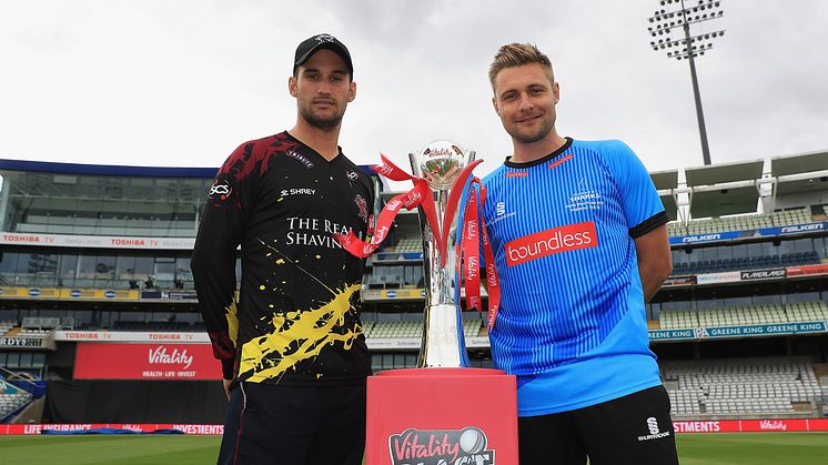 Somerset captain Lewis Gregory (left) and Sussex Sharks captain Luke Wright pictured with the new Vitality Blast trophy at Edgbaston today (Friday), before their teams meet in the second semi final tomorrow