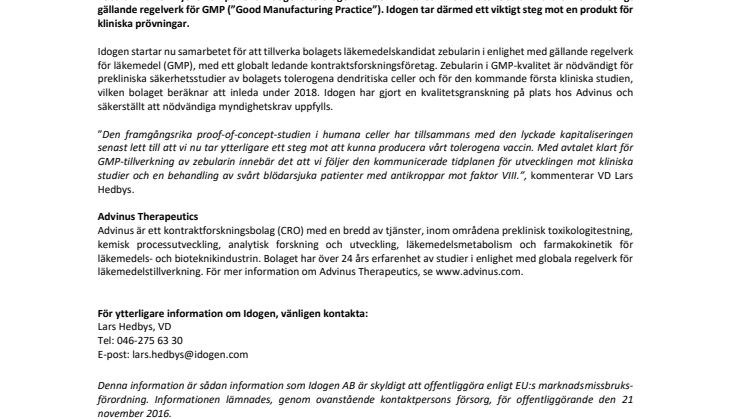 Idogen signerar avtal med global kontraktforskningspartner